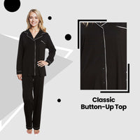 Women's Black Pyjama Set Soft Touch Long Sleeve Button-Up Top & Bottoms Two-Piece Nightwear by Daisy Dreamer Pyjamas