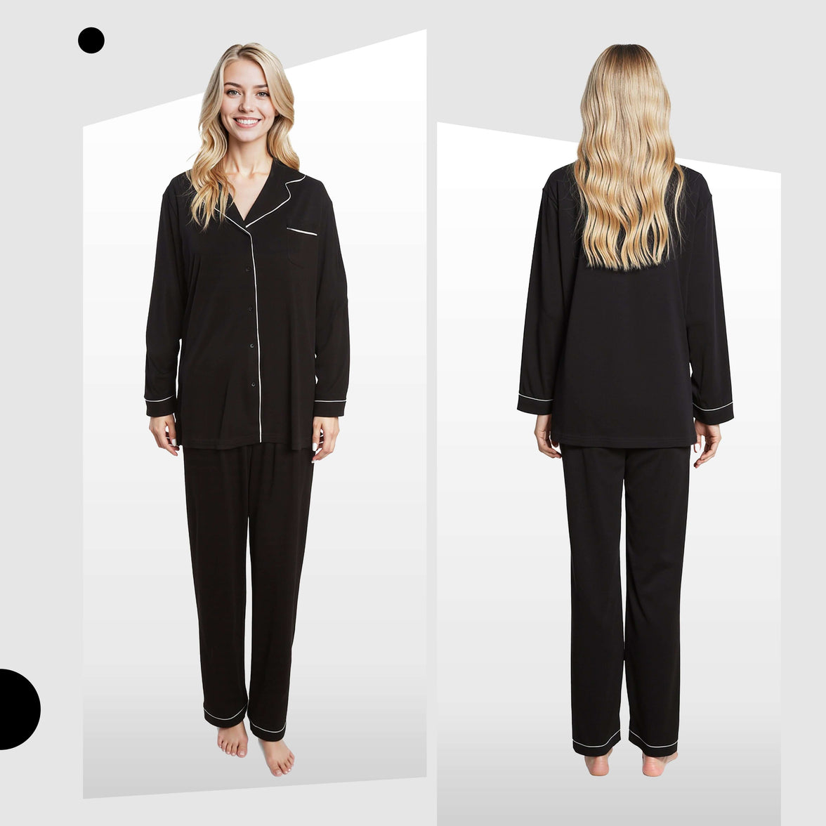 Women's Black Pyjama Set Soft Touch Long Sleeve Button-Up Top & Bottoms Two-Piece Nightwear by Daisy Dreamer Pyjamas