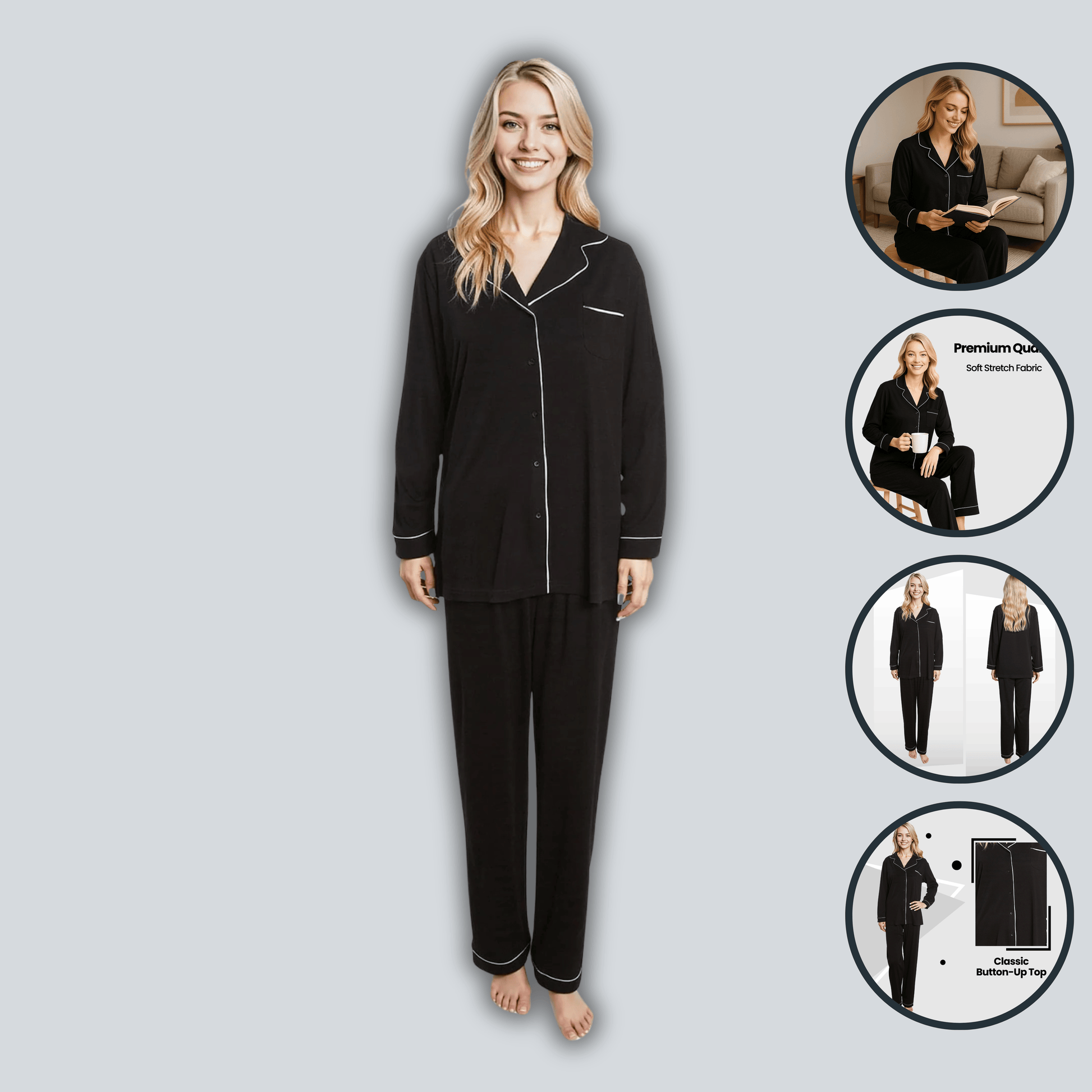 Women's Black Pyjama Set Soft Touch Long Sleeve Button-Up Top & Bottoms Two-Piece Nightwear by Daisy Dreamer Pyjamas