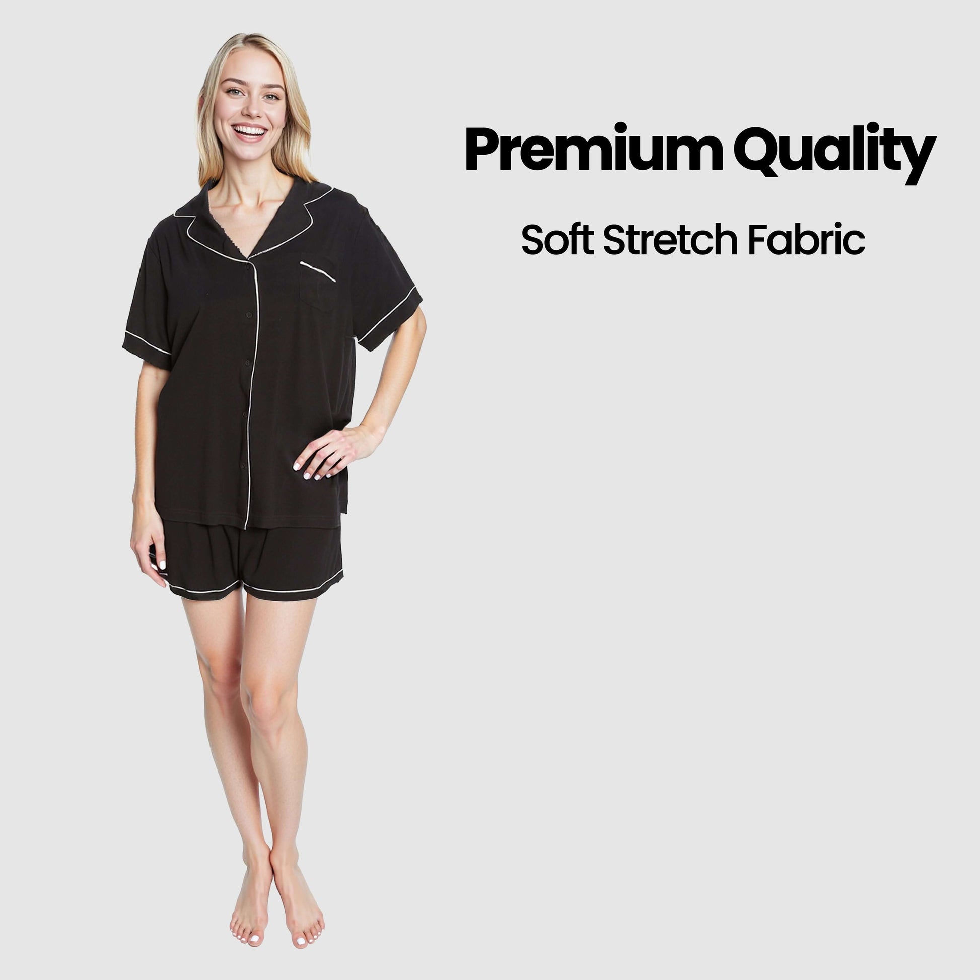 Women's Black Short Pyjama Set Super Soft Sleepwear Nightwear Button Up Top and Shorts with Pockets PJs by Daisy Dreamer Pyjamas