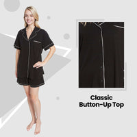 Women's Black Short Pyjama Set Super Soft Sleepwear Nightwear Button Up Top and Shorts with Pockets PJs by Daisy Dreamer Pyjamas