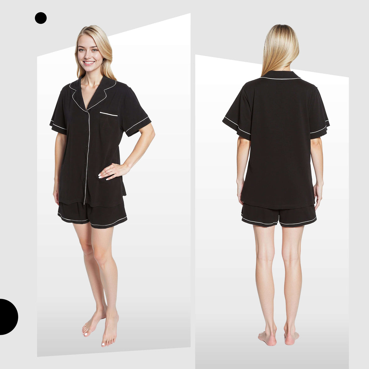 Women's Black Short Pyjama Set Super Soft Sleepwear Nightwear Button Up Top and Shorts with Pockets PJs by Daisy Dreamer Pyjamas