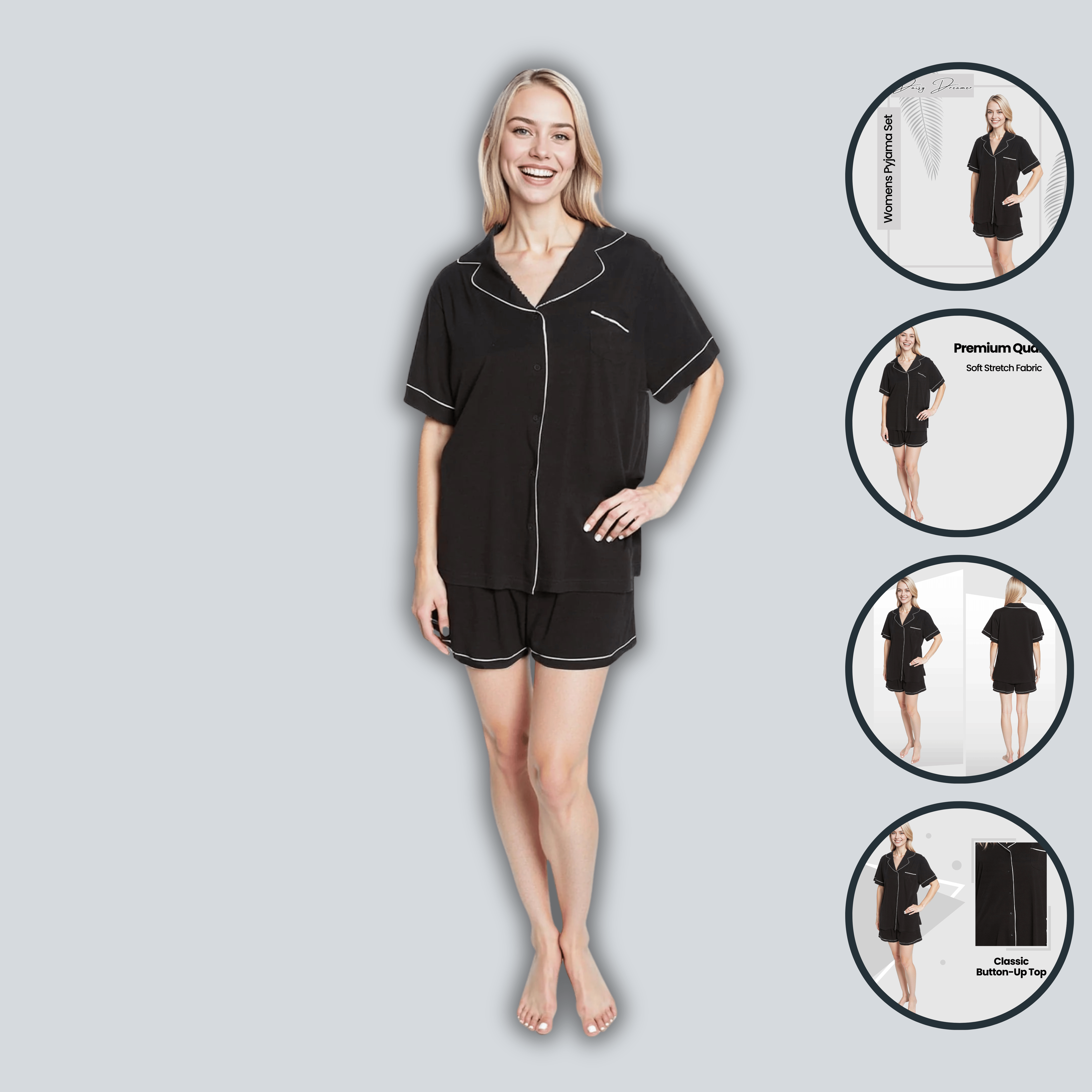 Pyjama Stack Women's Black Short Pyjama Set Super Soft Sleepwear Nightwear Button Up ...