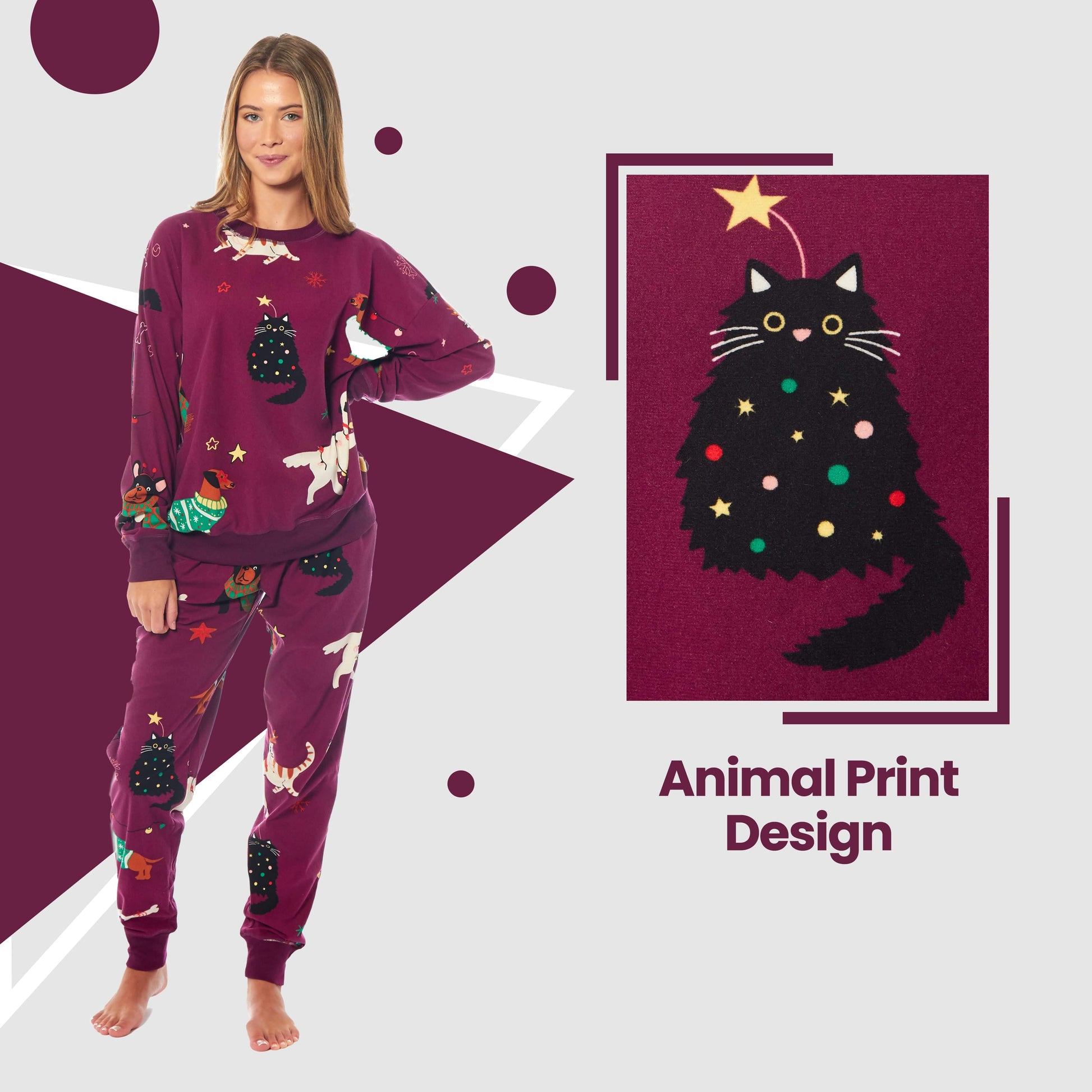 Women's Cats Dogs Soft Fleece Pyjama Set Long Sleeve Animal