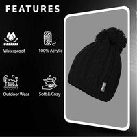 Women's Chunky Cable Knit Beanie Hat with 3M Thinsulate Insulation and Pom Pom Waterproof Winter Hat in Black Purple Cream and Navy by Sock Stack Hats