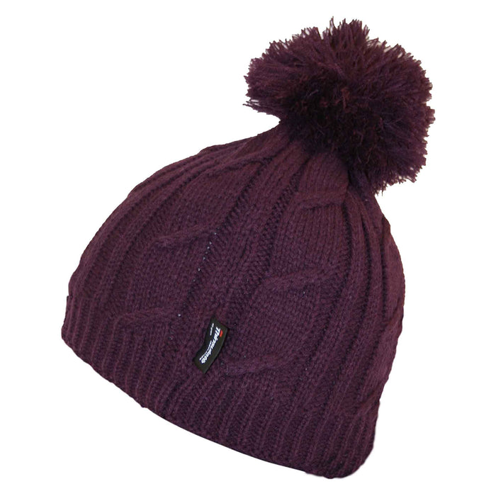 Women's Chunky Cable Knit Beanie Hat with 3M Thinsulate Insulation and Pom Pom Waterproof Winter Hat in Black Purple Cream and Navy by Sock Stack PURPLE Hats