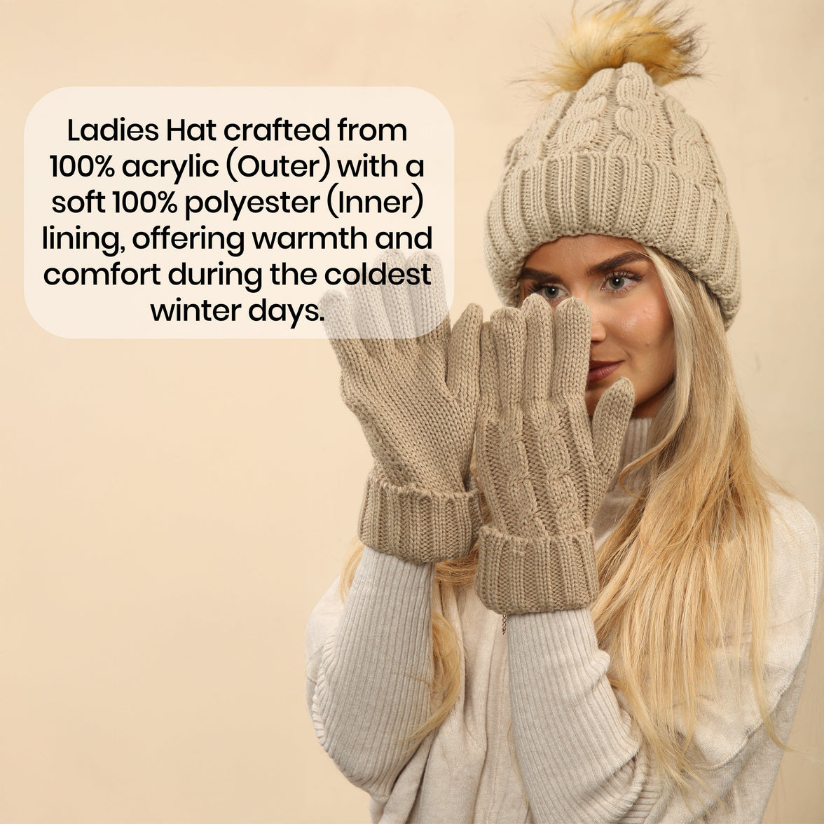 Women's Cream Chunky Knit Winter Hat & Gloves Set Faux Fur Pom Pom Warm & Stylish Beanie for Ladies By Heatwave Thermalwear IRISH CREAM Hats