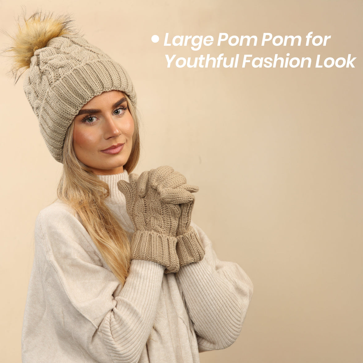 Women's Cream Chunky Knit Winter Hat & Gloves Set Faux Fur Pom Pom Warm & Stylish Beanie for Ladies By Heatwave Thermalwear IRISH CREAM Hats