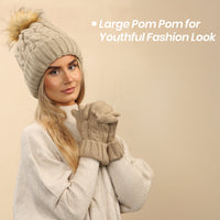 Women's Cream Chunky Knit Winter Hat & Gloves Set Faux Fur Pom Pom Warm & Stylish Beanie for Ladies By Heatwave Thermalwear IRISH CREAM Hats