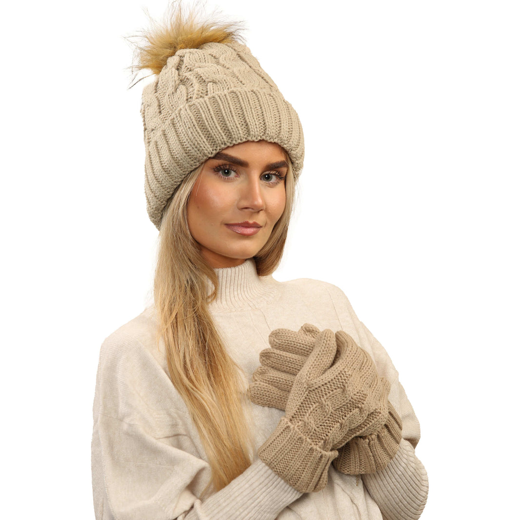 Women's Cream Chunky Knit Winter Hat & Gloves Set Faux Fur Pom Pom Warm & Stylish Beanie for Ladies By Heatwave Thermalwear IRISH CREAM Hats