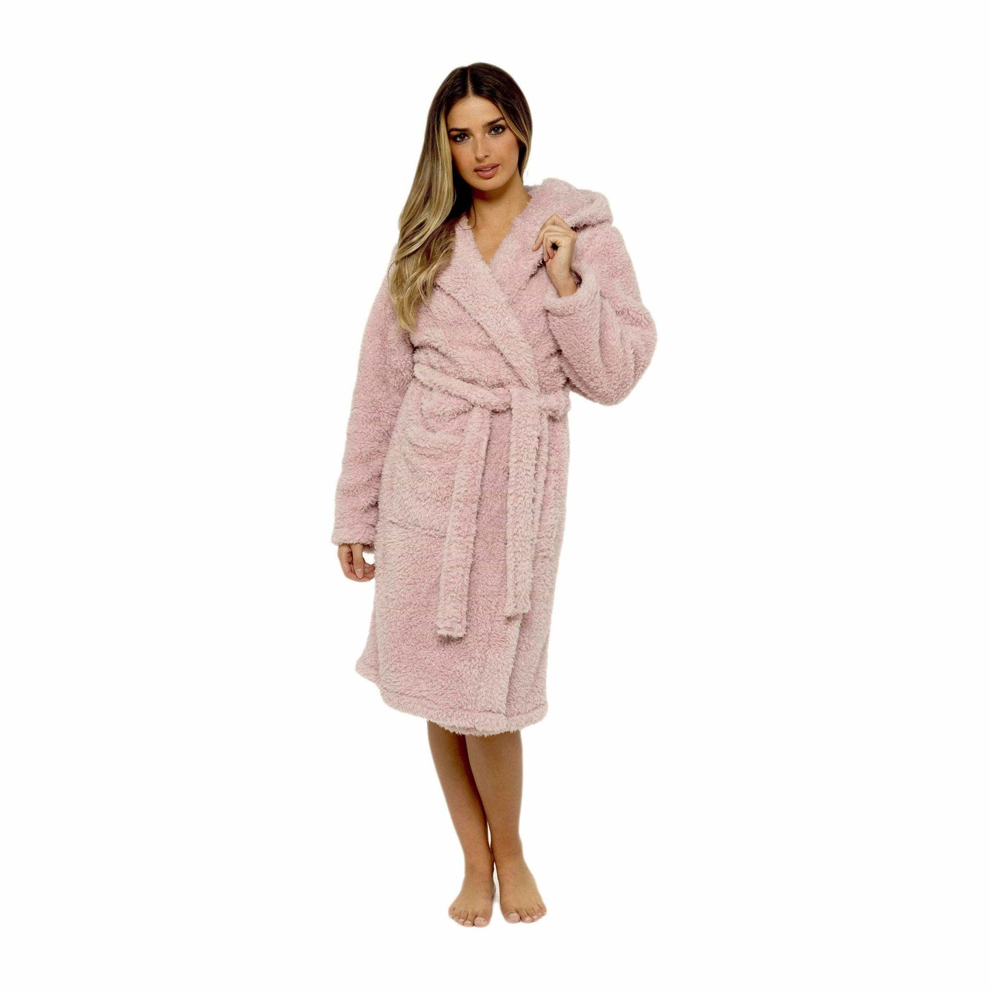 Women's Dusky Pink Teddy Fleece Hooded Robe Ultra Soft Cozy Bathrobe Winter Loungewear Pajamas for Ladies by Daisy Dreamer Robe