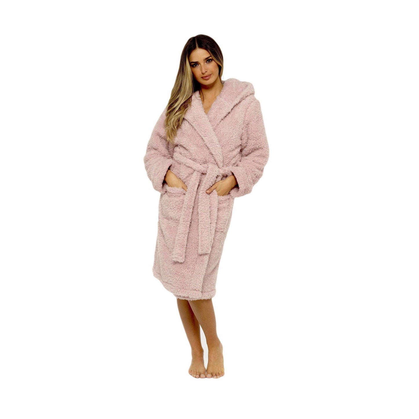 Women's Dusky Pink Teddy Fleece Hooded Robe Ultra Soft Cozy Bathrobe Winter Loungewear Pajamas for Ladies by Daisy Dreamer SMALL | UK 8-10 Robe