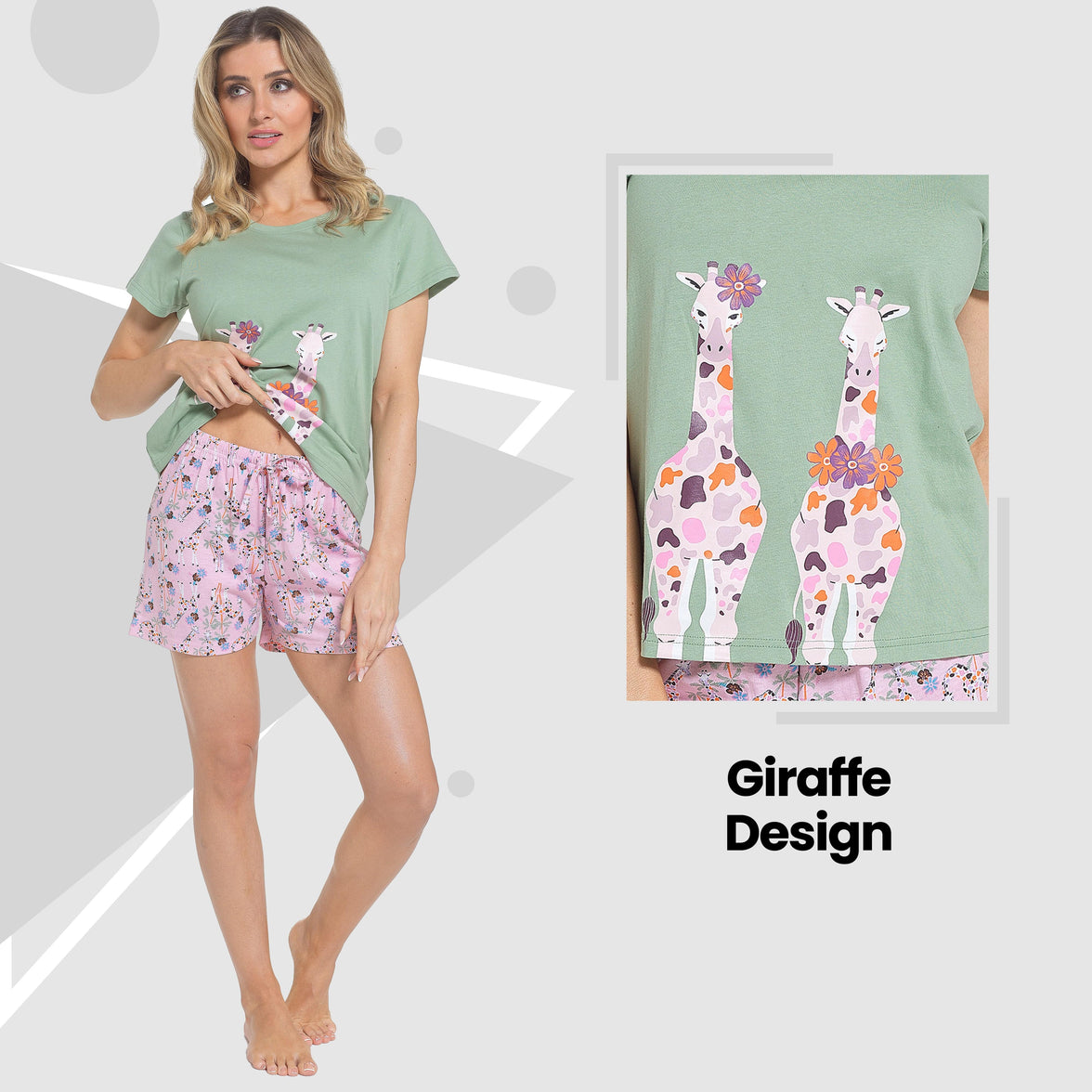 Women's Giraffe Pyjama Set T-Shirt & Shorts PJs Soft Cotton Loungewear Summer Holiday Sleepwear by Daisy Dreamer Pyjamas