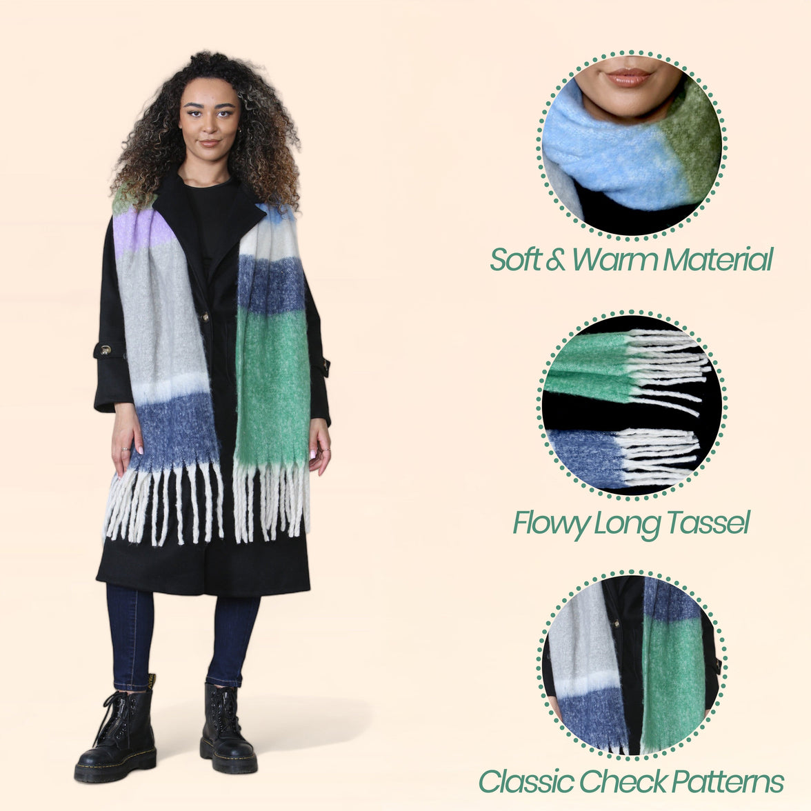 Women’s Green Blue Chunky Knit Bright Plaid Blanket Scarf Long Winter Wrap Warm Striped Shawl with Tassels Gift for Ladies by Daisy Dreamer GREEN/BLUE STRIPE Scarves