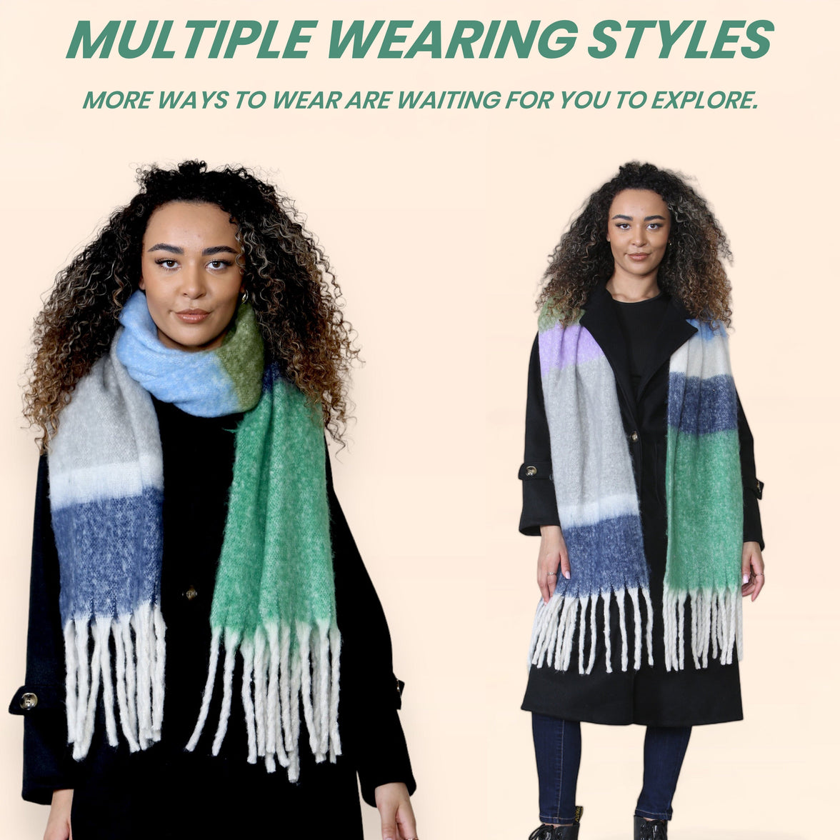 Women’s Green Blue Chunky Knit Bright Plaid Blanket Scarf Long Winter Wrap Warm Striped Shawl with Tassels Gift for Ladies by Daisy Dreamer GREEN/BLUE STRIPE Scarves