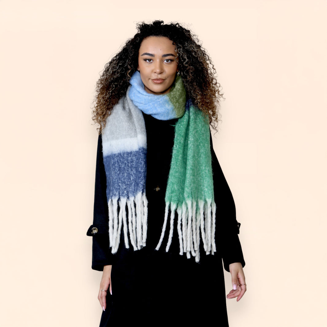 Women’s Green Blue Chunky Knit Bright Plaid Blanket Scarf Long Winter Wrap Warm Striped Shawl with Tassels Gift for Ladies by Daisy Dreamer GREEN/BLUE STRIPE Scarves
