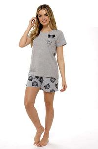 Women's Grey Cotton T-Shirt and Shorts Pyjama Set with Pom Pom Detailing 100% Pure Cotton Soft Jersey Summer Loungewear by Daisy Dreamer Pyjamas