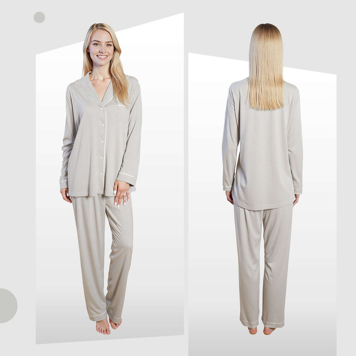 Women's Grey Pyjama Set Soft Touch Long Sleeve Button-Up Top & Bottoms Two-Piece Nightwear by Daisy Dreamer Pyjamas