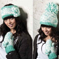 Women's Hand Knitted Daisy Pattern Winter Hat Headband Mittens Set with Pom Pom in Red Green Pink for Outdoor Activities and Holiday Gifts by Sock Stack Hats