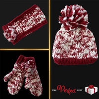 Women's Hand Knitted Daisy Pattern Winter Hat Headband Mittens Set with Pom Pom in Red Green Pink for Outdoor Activities and Holiday Gifts by Sock Stack Hats