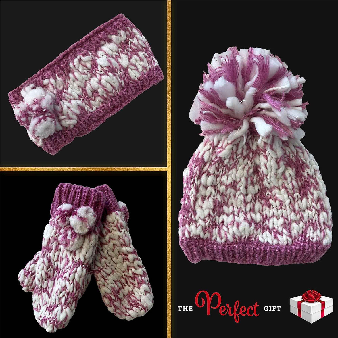 Women's Hand Knitted Daisy Pattern Winter Hat Headband Mittens Set with Pom Pom in Red Green Pink for Outdoor Activities and Holiday Gifts by Sock Stack Hats