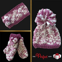 Women's Hand Knitted Daisy Pattern Winter Hat Headband Mittens Set with Pom Pom in Red Green Pink for Outdoor Activities and Holiday Gifts by Sock Stack Hats