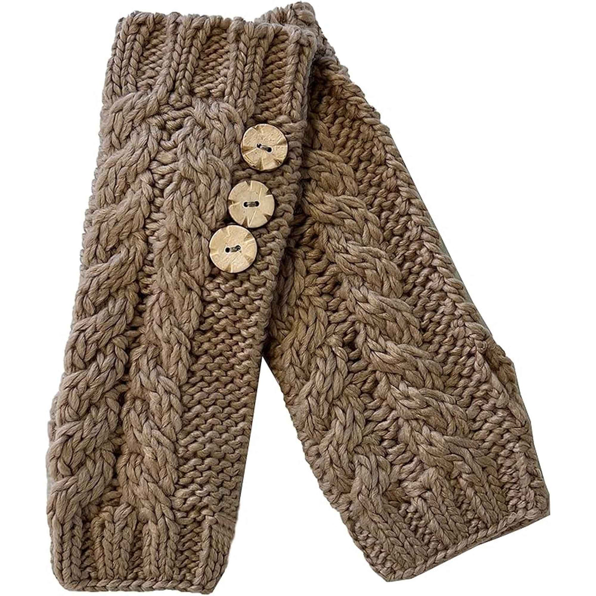 Women's Hand-Knitted Winter Hat Scarf and Hand Warmer Set with Inga Button Design Luxurious Acrylic Adjustable Fit Elegant Brown and Cream by Sock Stack HAND WARMERS / BROWN Hats