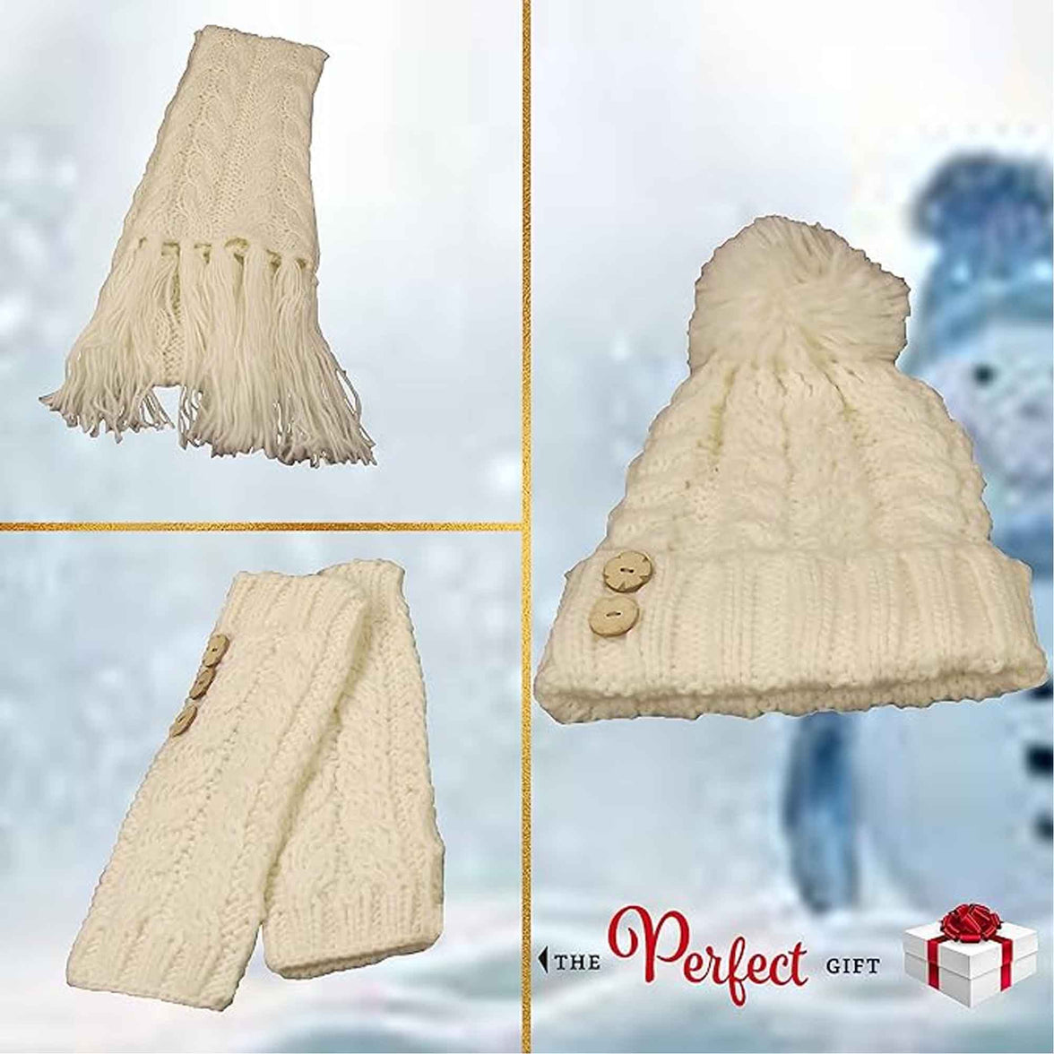 Women's Hand-Knitted Winter Hat Scarf and Hand Warmer Set with Inga Button Design Luxurious Acrylic Adjustable Fit Elegant Brown and Cream by Sock Stack Hats