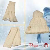 Women's Hand-Knitted Winter Hat Scarf and Hand Warmer Set with Inga Button Design Luxurious Acrylic Adjustable Fit Elegant Brown and Cream by Sock Stack Hats