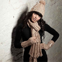 Women's Hand-Knitted Winter Hat Scarf and Hand Warmer Set with Inga Button Design Luxurious Acrylic Adjustable Fit Elegant Brown and Cream by Sock Stack Hats