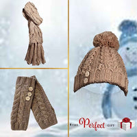 Women's Hand-Knitted Winter Hat Scarf and Hand Warmer Set with Inga Button Design Luxurious Acrylic Adjustable Fit Elegant Brown and Cream by Sock Stack Hats