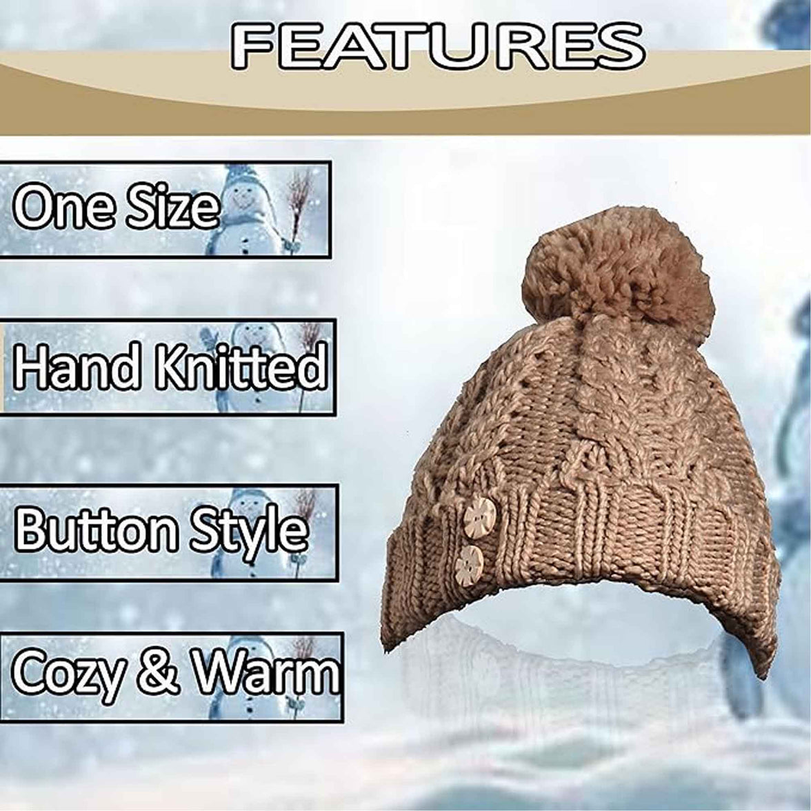 Women's Hand-Knitted Winter Hat Scarf and Hand Warmer Set with Inga Button Design Luxurious Acrylic Adjustable Fit Elegant Brown and Cream by Sock Stack Hats