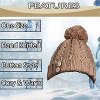 Women's Hand-Knitted Winter Hat Scarf and Hand Warmer Set with Inga Button Design Luxurious Acrylic Adjustable Fit Elegant Brown and Cream by Sock Stack Hats