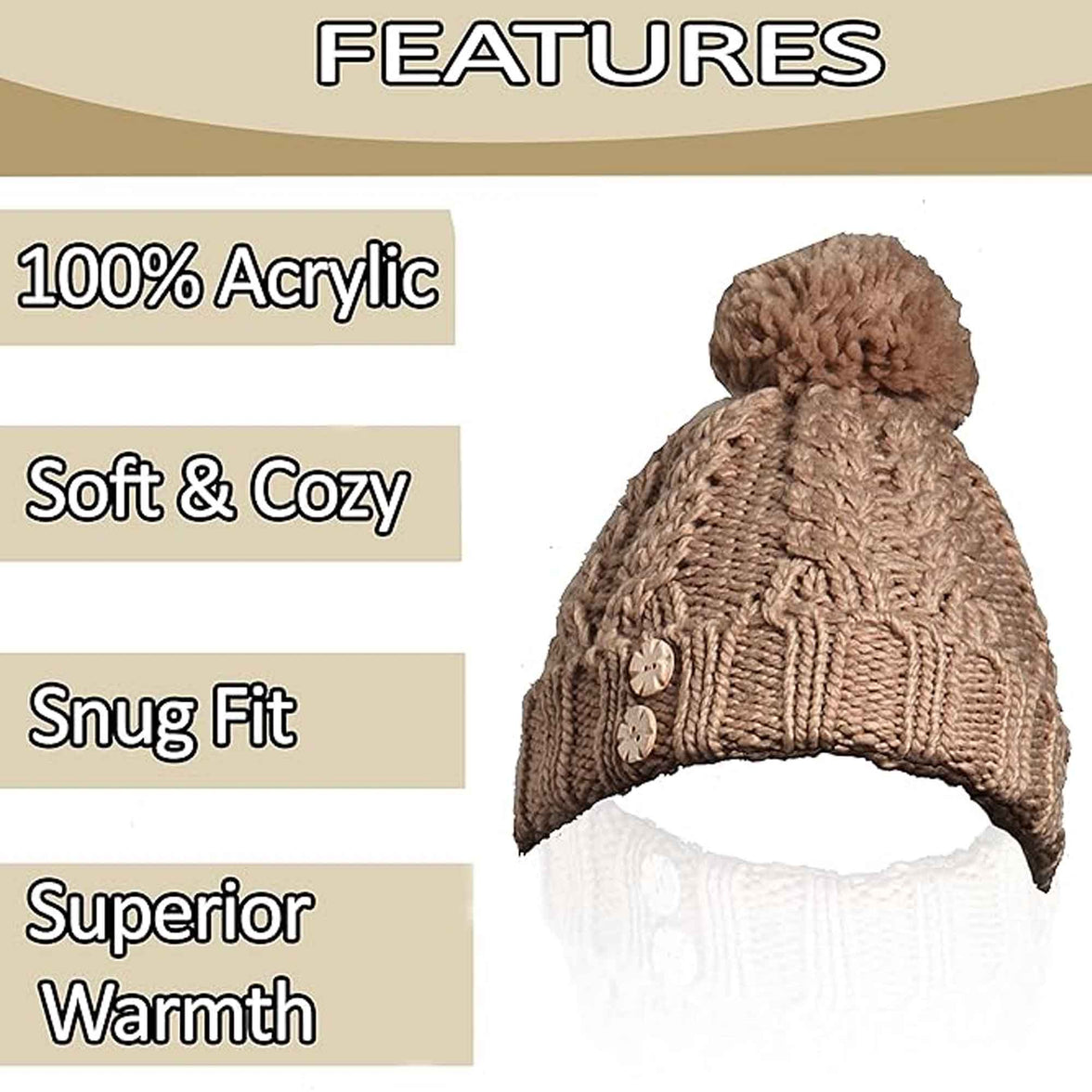 Women's Hand-Knitted Winter Hat Scarf and Hand Warmer Set with Inga Button Design Luxurious Acrylic Adjustable Fit Elegant Brown and Cream by Sock Stack Hats