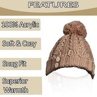 Women's Hand-Knitted Winter Hat Scarf and Hand Warmer Set with Inga Button Design Luxurious Acrylic Adjustable Fit Elegant Brown and Cream by Sock Stack Hats