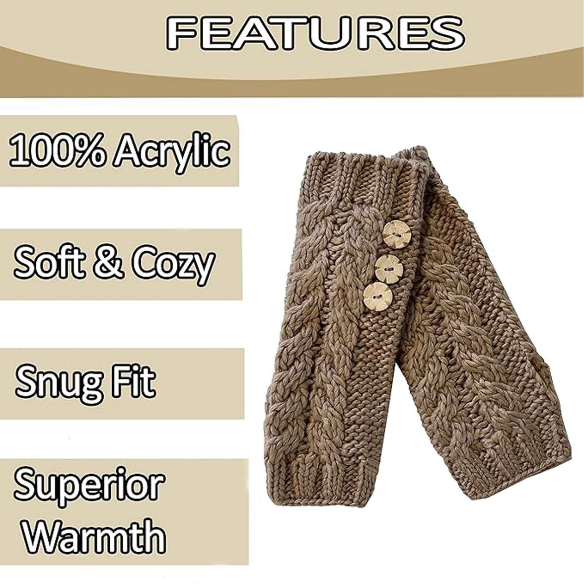 Women's Hand-Knitted Winter Hat Scarf and Hand Warmer Set with Inga Button Design Luxurious Acrylic Adjustable Fit Elegant Brown and Cream by Sock Stack Hats