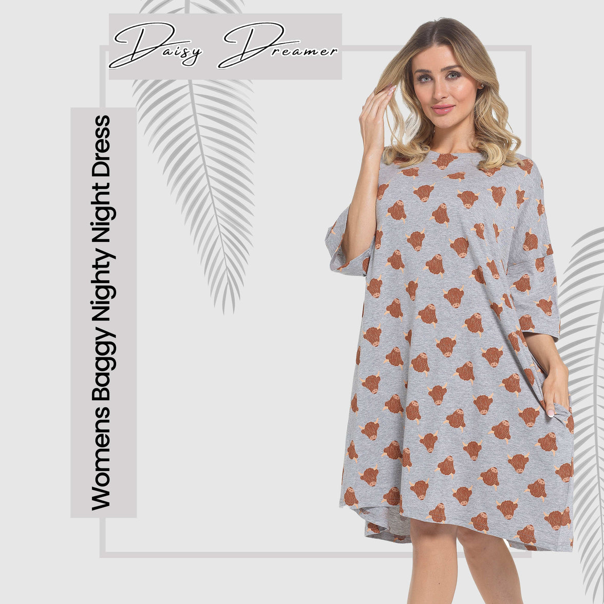 Women's Highland Cow Cream Baggy Nighty Dress Oversized T-Shirt Nighties 100% Cotton Short Sleeved Nightshirt for Ladies by Daisy Dreamer HIGHLAND COW Night Dress