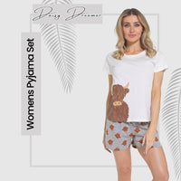 Women's Highland Cow Pyjama Set T-Shirt & Shorts PJs Soft Cotton Loungewear Summer Holiday Sleepwear by Daisy Dreamer Pyjamas