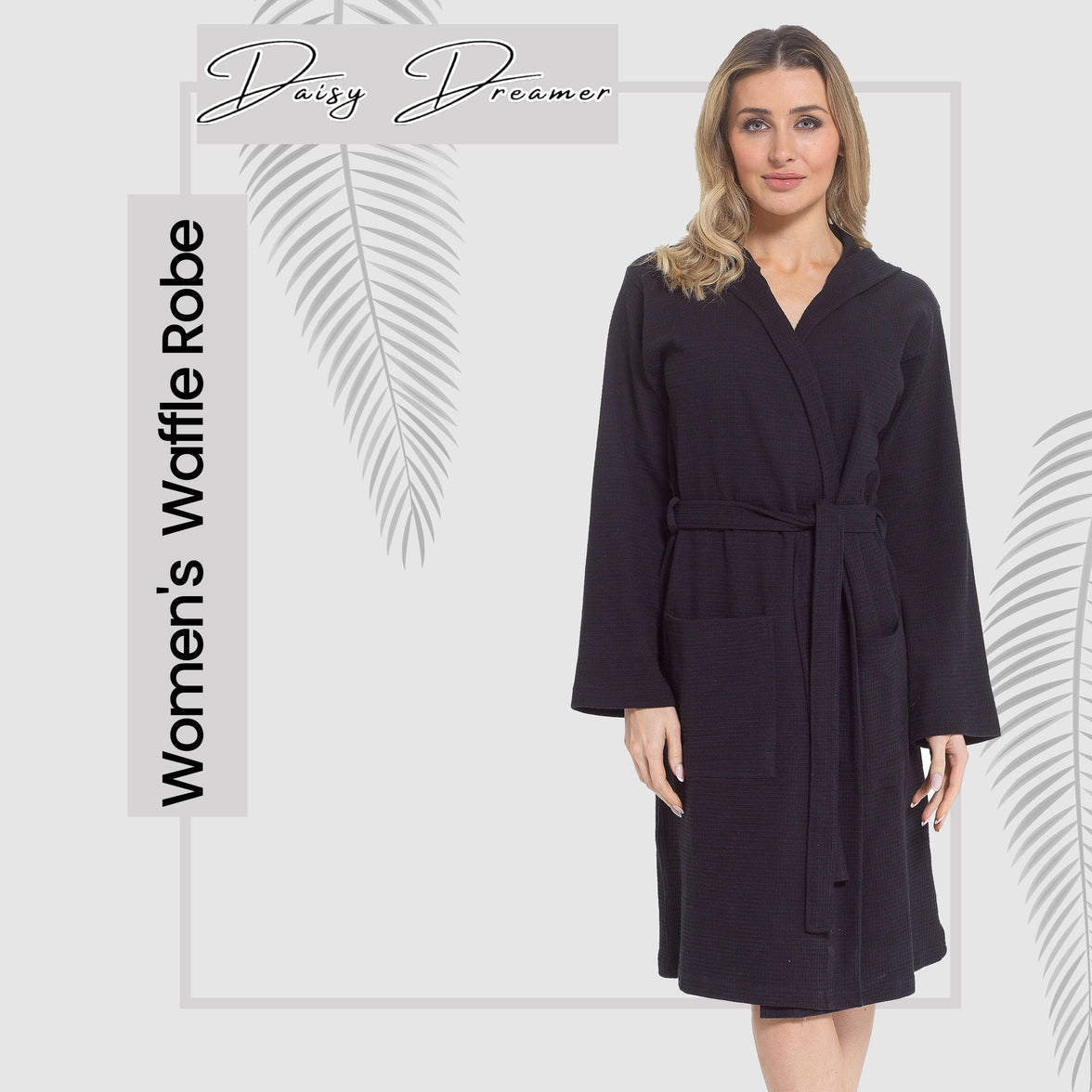 Women's Hooded Waffle Cotton Bathrobe Black Super Absorbent Spa Dressing Gown for Home Lounge & Travel by Daisy Dreamer Bathrobe