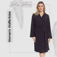 Women's Hooded Waffle Cotton Bathrobe Black Super Absorbent Spa Dressing Gown for Home Lounge & Travel by Daisy Dreamer Bathrobe