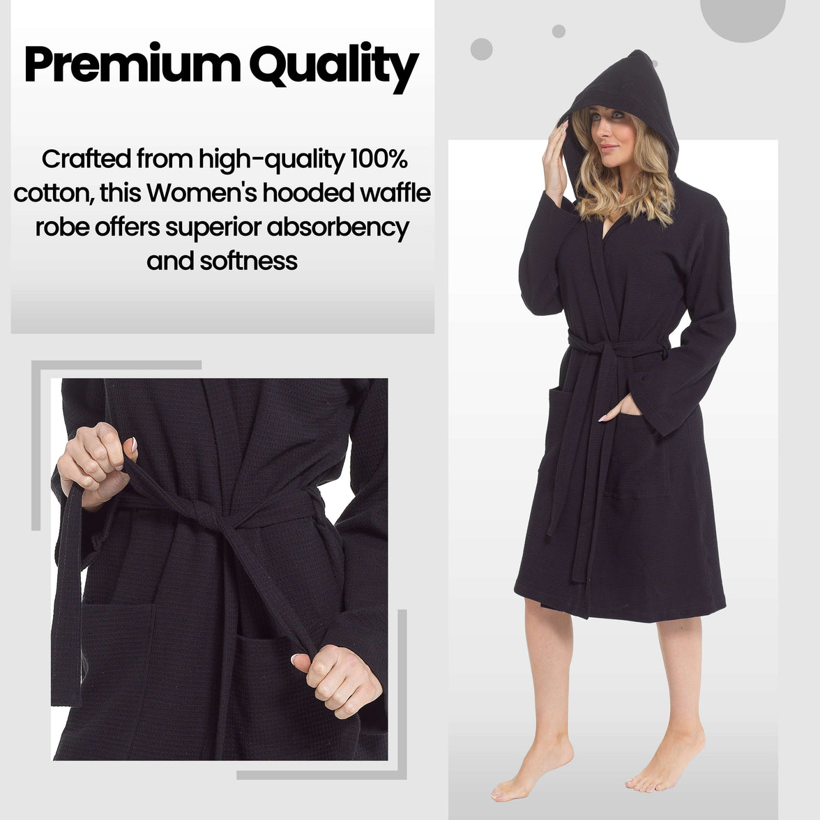 Women's Hooded Waffle Cotton Bathrobe Black Super Absorbent Spa Dressing Gown for Home Lounge & Travel by Daisy Dreamer Bathrobe