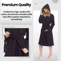 Women's Hooded Waffle Cotton Bathrobe Black Super Absorbent Spa Dressing Gown for Home Lounge & Travel by Daisy Dreamer Bathrobe