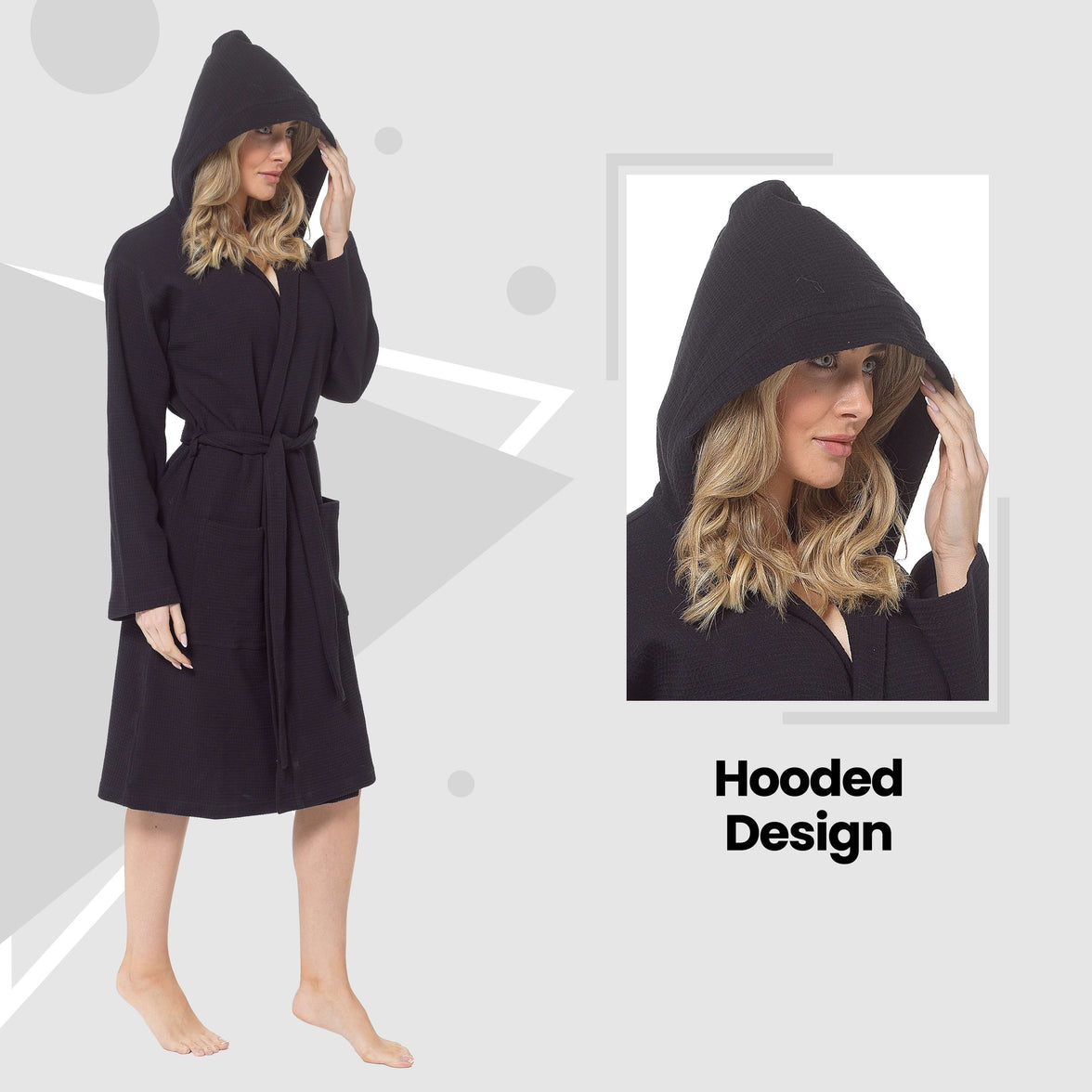 Women's Hooded Waffle Cotton Bathrobe Black Super Absorbent Spa Dressing Gown for Home Lounge & Travel by Daisy Dreamer Bathrobe