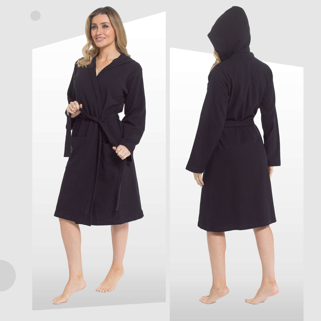 Women's Hooded Waffle Cotton Bathrobe Black Super Absorbent Spa Dressing Gown for Home Lounge & Travel by Daisy Dreamer Bathrobe