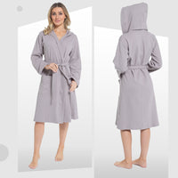 Women's Hooded Waffle Cotton Bathrobe Grey Super Absorbent Spa Dressing Gown for Home Lounge & Travel by Daisy Dreamer Bathrobe
