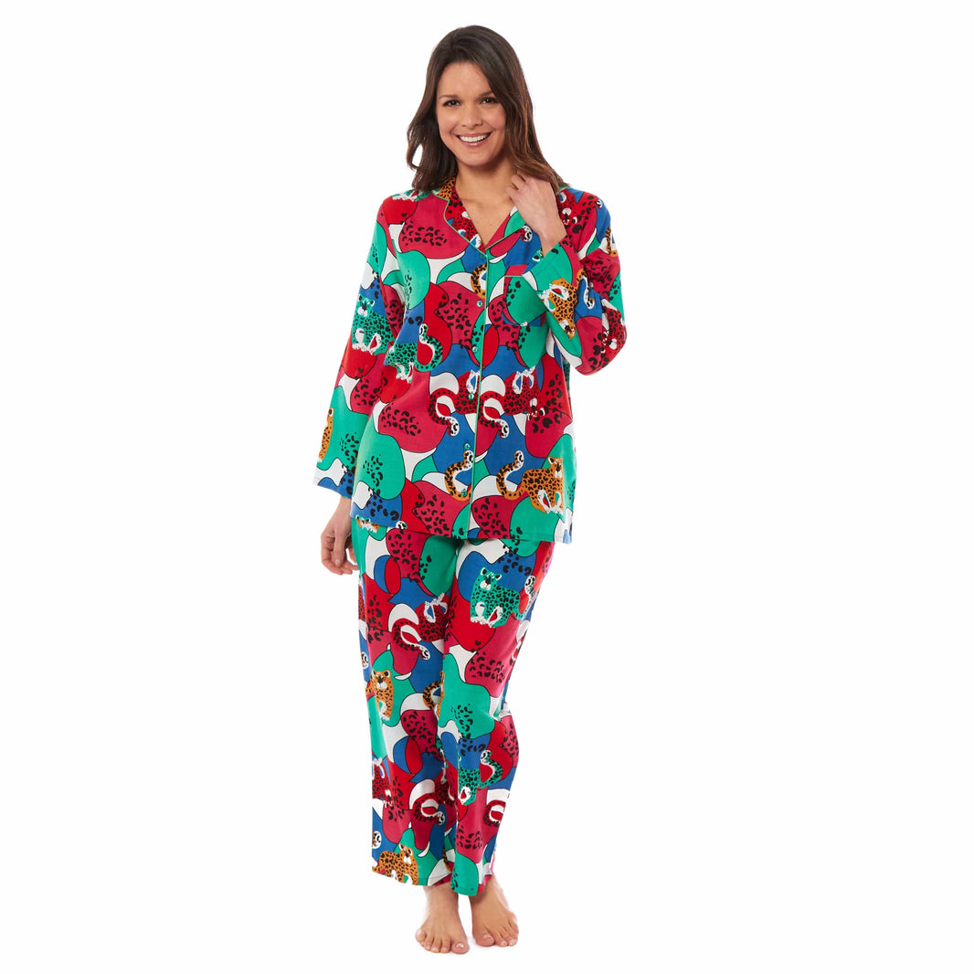 Women's Jaguar Jungle Leopard Print Long Pyjama Set Button Up Soft Breathable Viscose Loungewear Sleepwear Relaxing PJ Set by Daisy Dreamer DECO JAGUAR / SMALL Pyjamas