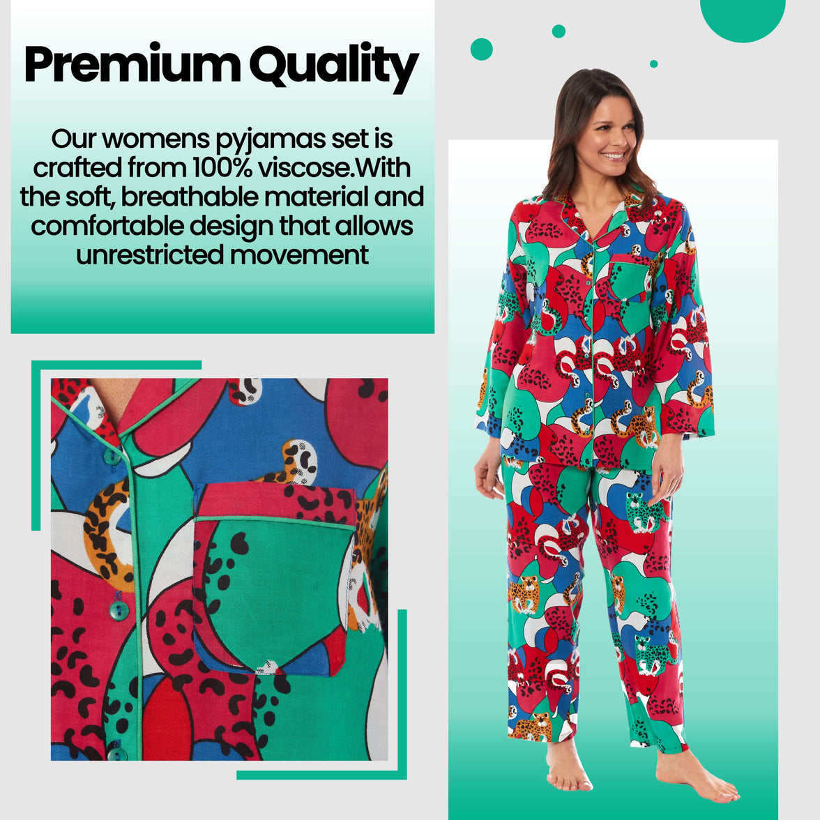Women's Jaguar Jungle Leopard Print Long Pyjama Set Button Up Soft Breathable Viscose Loungewear Sleepwear Relaxing PJ Set by Daisy Dreamer Pyjamas