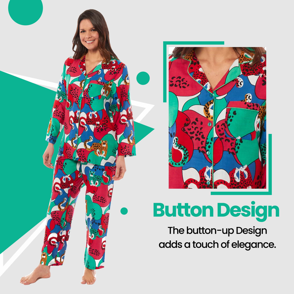 Women's Jaguar Jungle Leopard Print Long Pyjama Set Button Up Soft Breathable Viscose Loungewear Sleepwear Relaxing PJ Set by Daisy Dreamer Pyjamas