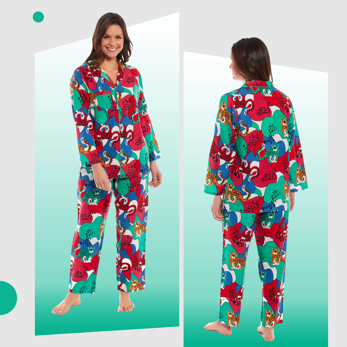 Women's Jaguar Jungle Leopard Print Long Pyjama Set Button Up Soft Breathable Viscose Loungewear Sleepwear Relaxing PJ Set by Daisy Dreamer Pyjamas