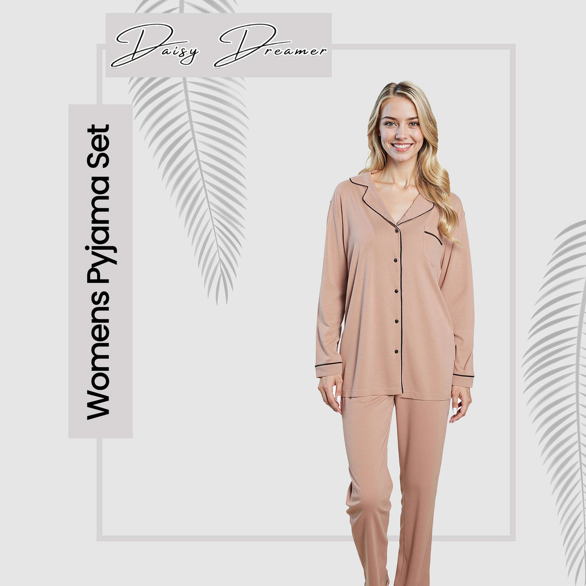 Women's Natural Pyjama Set Soft Touch Long Sleeve Button-Up Top & Bottoms Two-Piece Nightwear by Daisy Dreamer Pyjamas